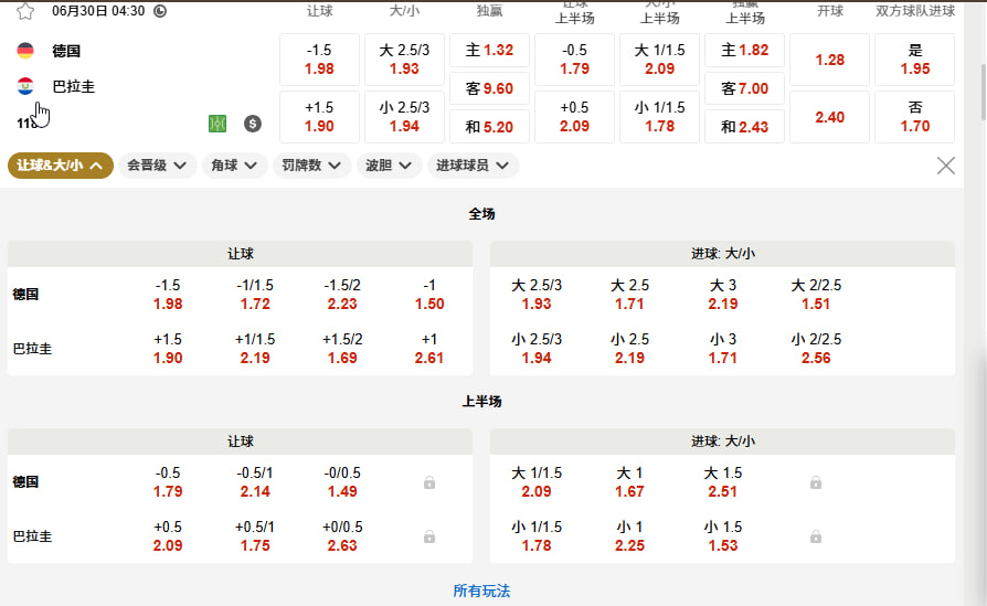 . 德国 vs 巴拉圭（淘汰赛北京时间 6 月 30 日（周二）凌晨 04:30）