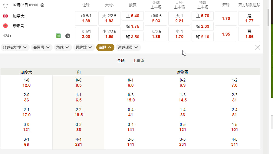 加拿大 vs 摩洛哥（北京时间7月5号 01:00  1/8 决赛）