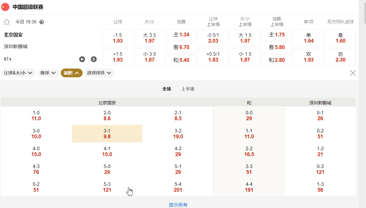 中国足球超级联赛 08月07日 19:35 北京国安 (主) vs 深圳新鹏城 (客)