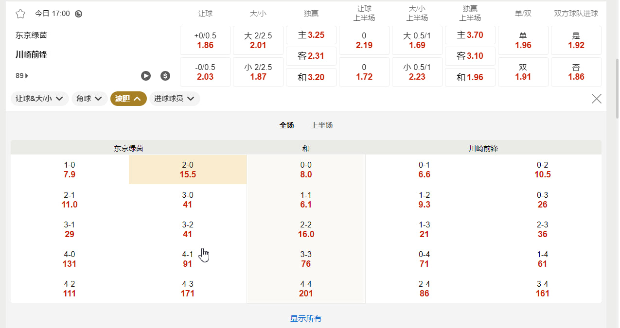 日本 J1 联赛 8月9号 17:00 东京绿茵 (主) vs 川崎前锋 (客)
