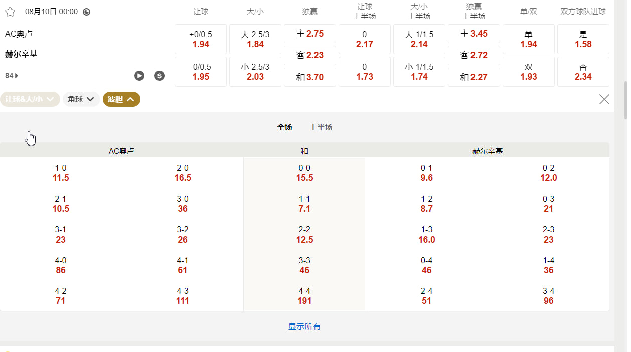 芬兰足球超级联赛 08月10日 00:00 AC奥卢 (主) vs HJK赫尔辛基 (客)