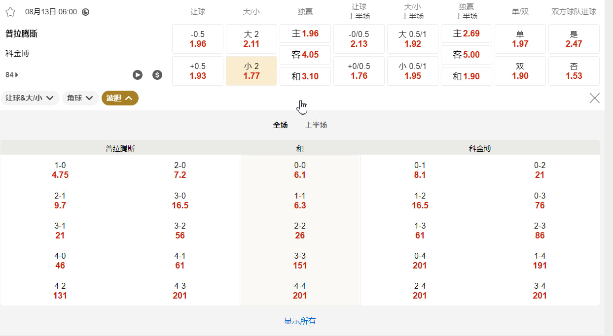 南美自由杯（解放者杯） 08月13日 06:00 普拉腾斯 (主) vs 科金博 (客)