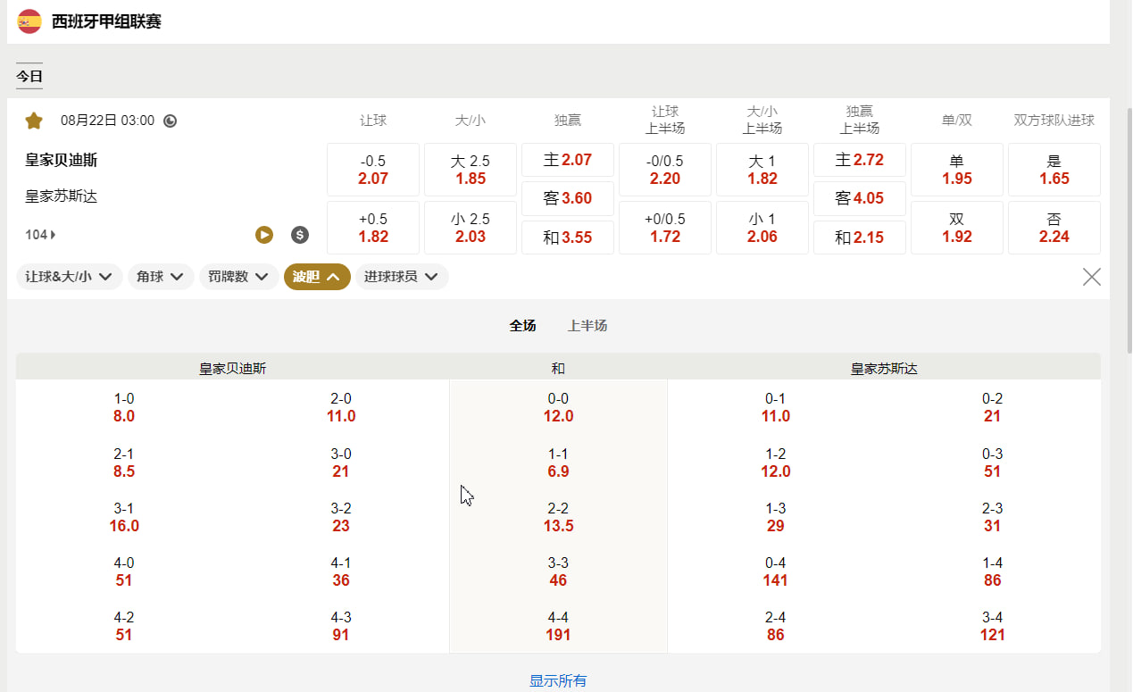 西甲 08月22日 03:00皇家贝蒂斯 (主) vs 皇家社会 (客)