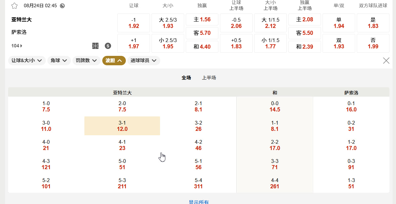 意甲  08月24日 02:45 亚特兰大 (主) vs 萨索洛 (客)