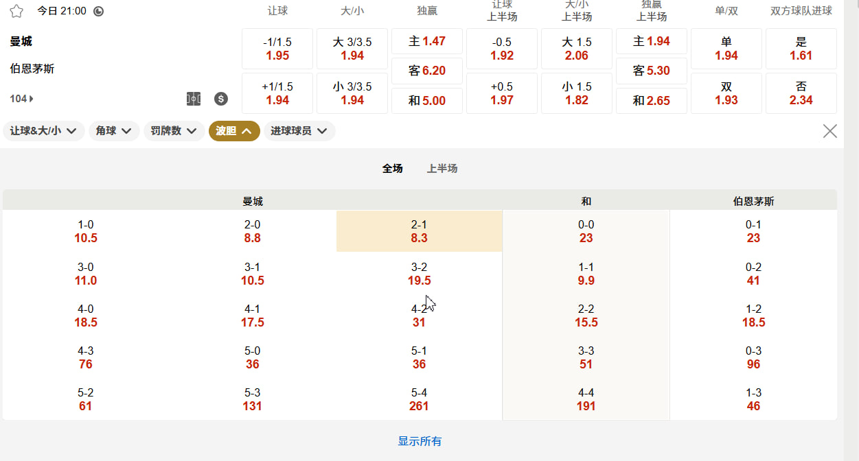 英超 08月23日 21:00 曼城 (主) vs 伯恩茅斯 (客)