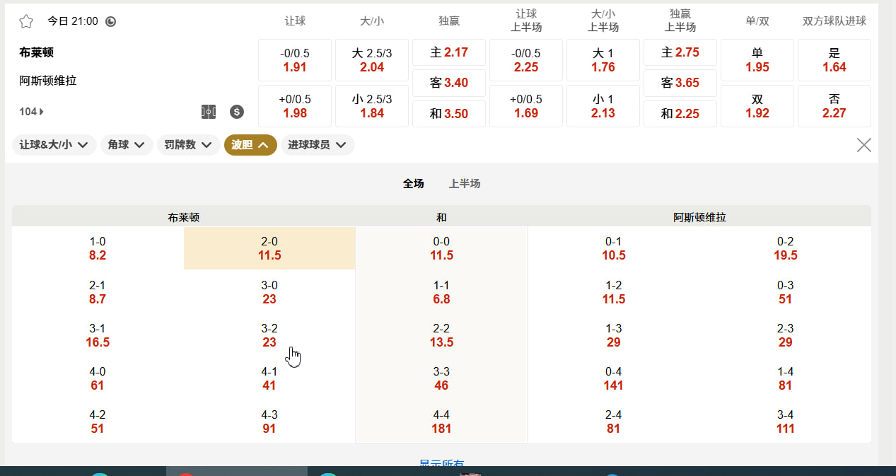 英超  08月23日 21:00 布莱顿 (主) vs 阿斯顿维拉 (客)